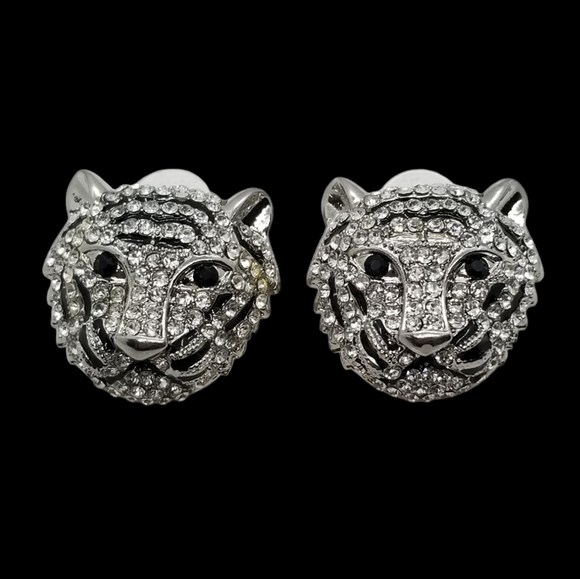 PARIS COLLECTION NWT RHINESTONE WHITE TIGER STATEMENT EARRINGS - Picture 4 of 6